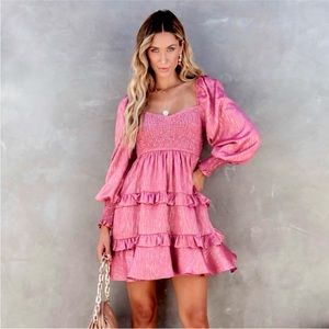 Vici NEW Shine On smocked ruffle tiered babydoll long sleeve dress pink‎ gold XL